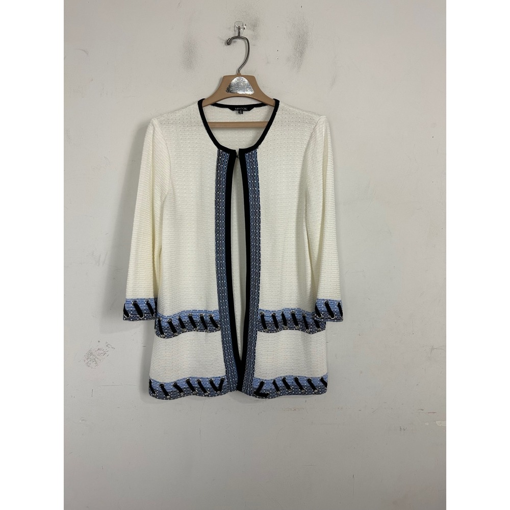 Misook Women Medium White Knit Cardigan Blue Black Lace Up Grommet Open Front